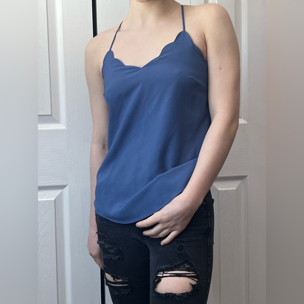J. Crew Scalloped V-Neck Satin Cami in Slate Blue